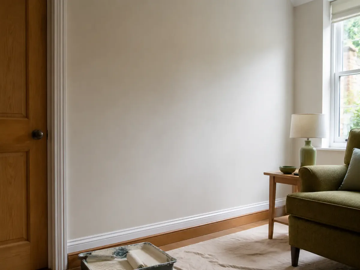 Calm off-white matt wall beside an oak door, with decorating tools on a dust sheet.