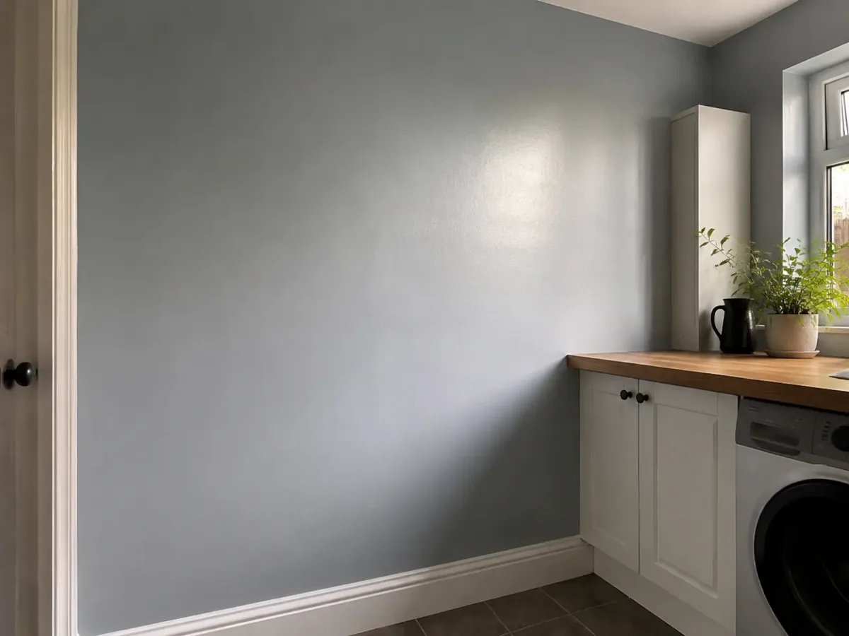 Grey-blue utility-room wall showing the gentle reflection of a soft-sheen finish.