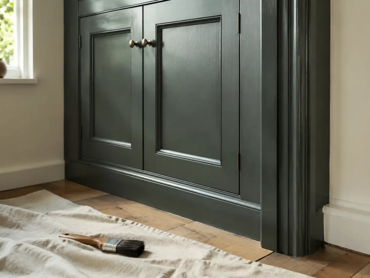 Deep green fitted cupboard and architrave with a restrained eggshell sheen.