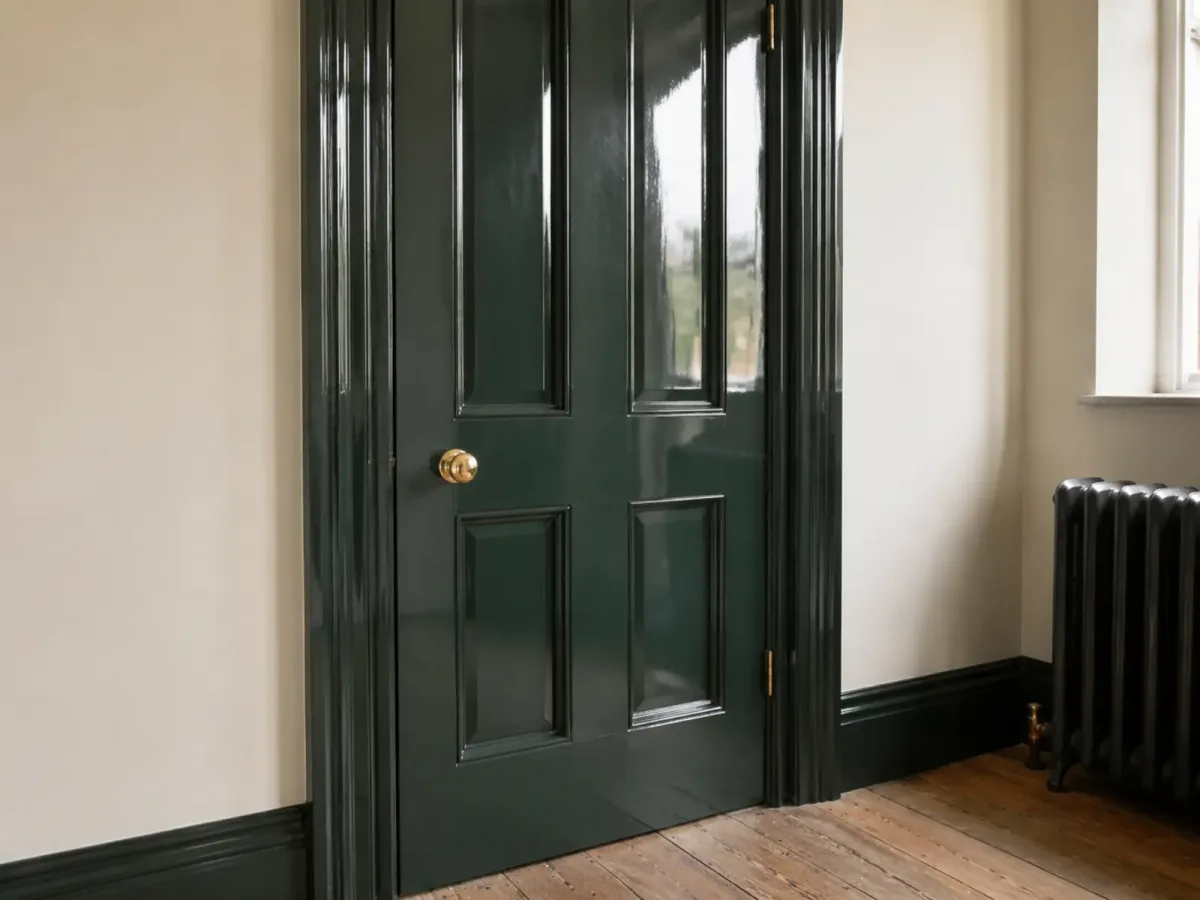 Deep green panelled door with a crisp high-gloss reflection.