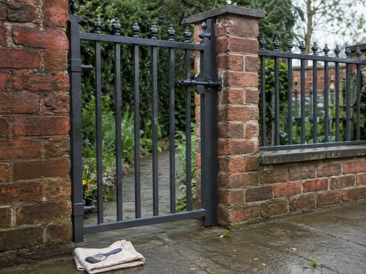 Charcoal painted metal gate and railings between brick piers.