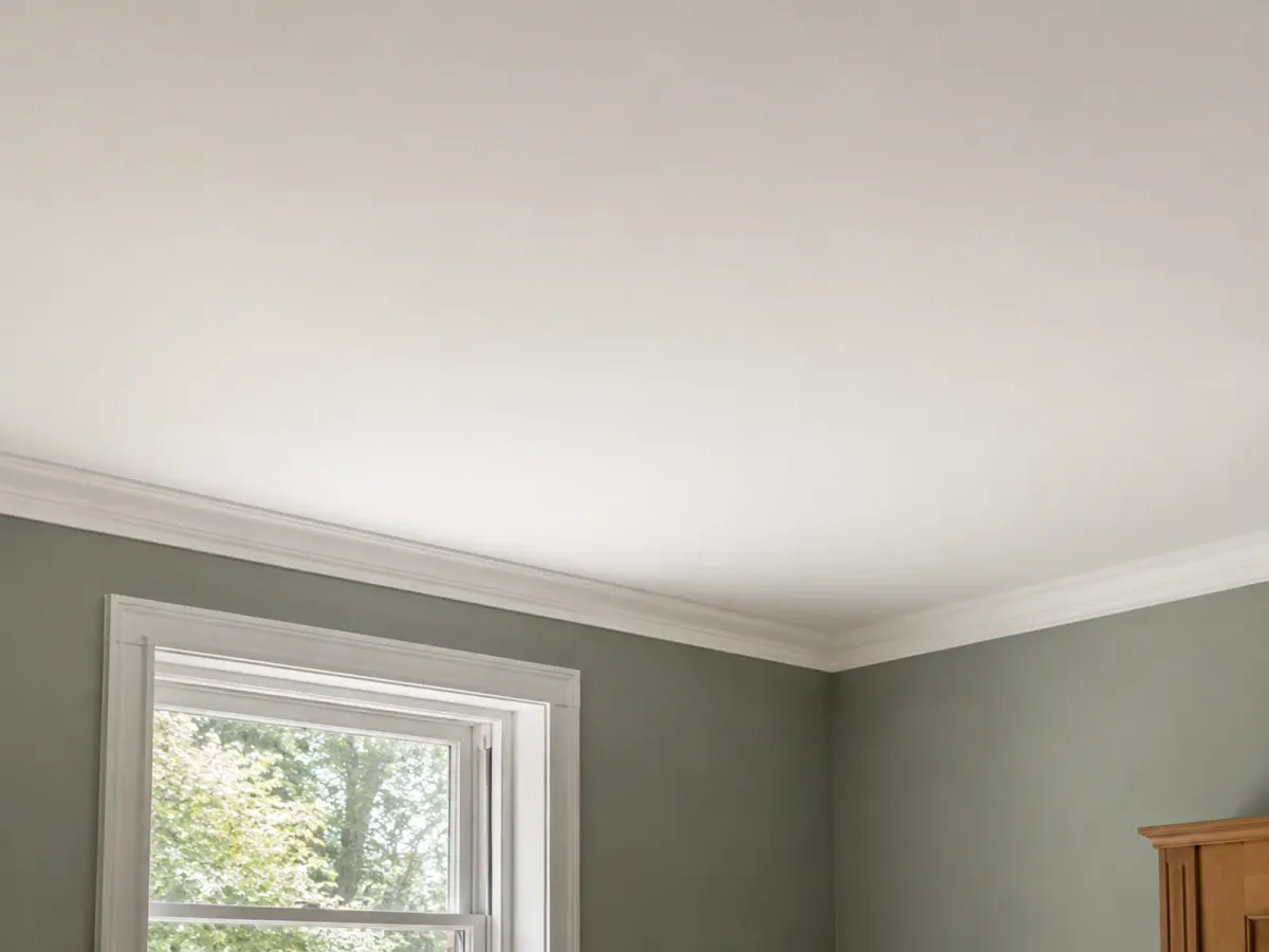 Flat white ceiling and cornice above a green wall and tall window.