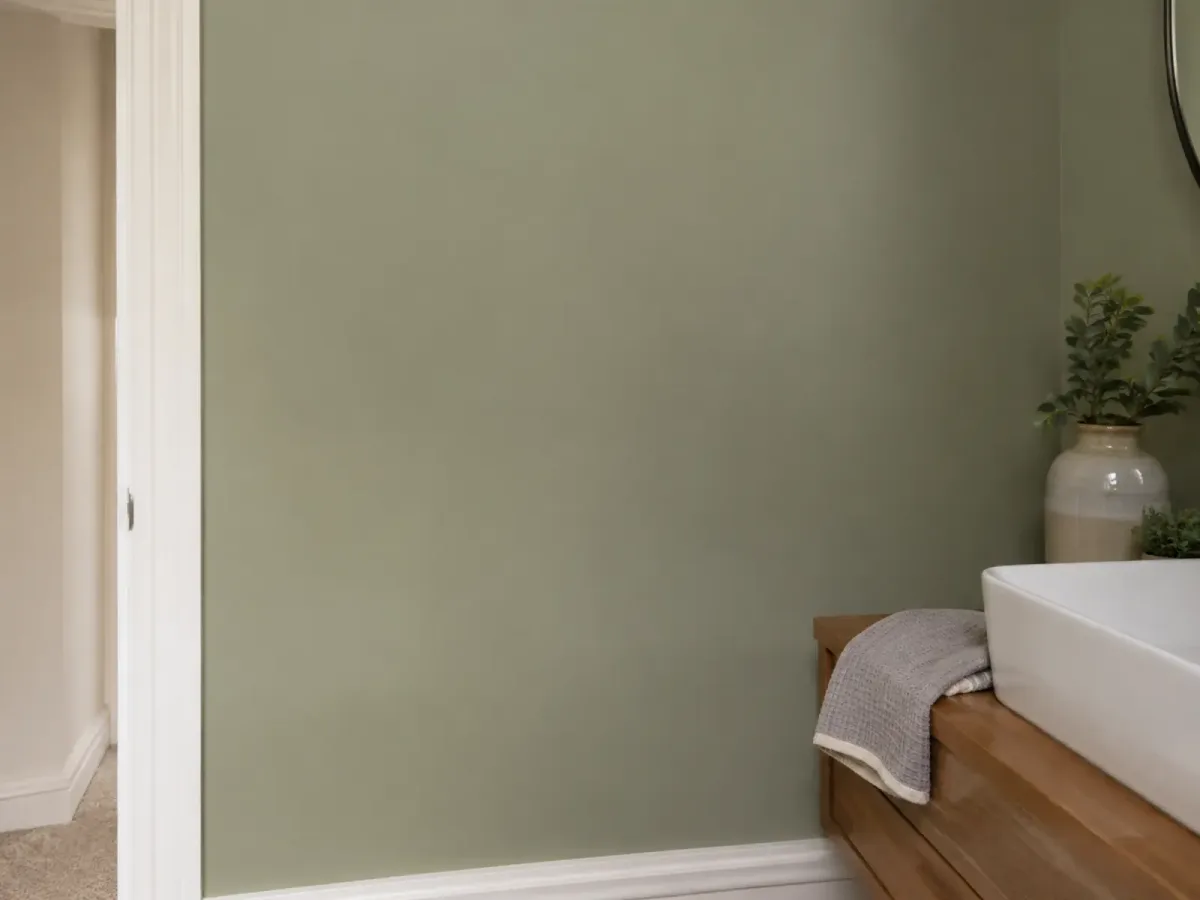 Muted green bathroom wall above a white basin and timber vanity.